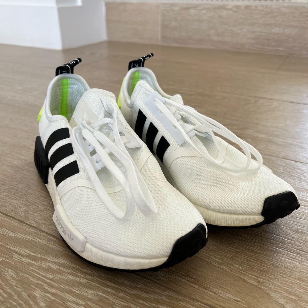 Adidas Kids White Sneakers with Black Stripes and Neon Highlights